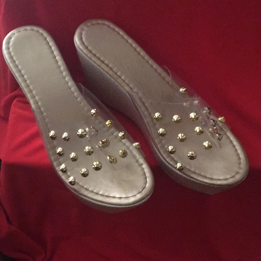 Size 7 gold studded platform slides